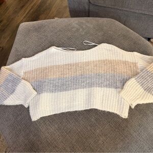 Pink Lily Cream, Gray and Tan Crew Neck Sweater